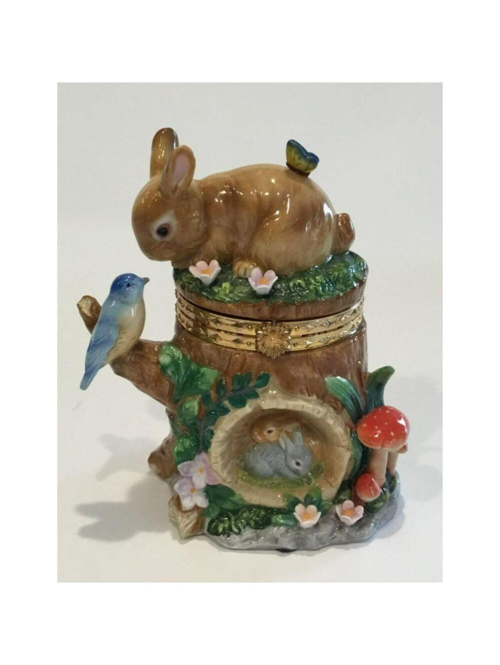 CWC Ceramic Tree Stump Trinket Box with Bunny Rabbit, Bird & Butterfly - Picture 2 of 8